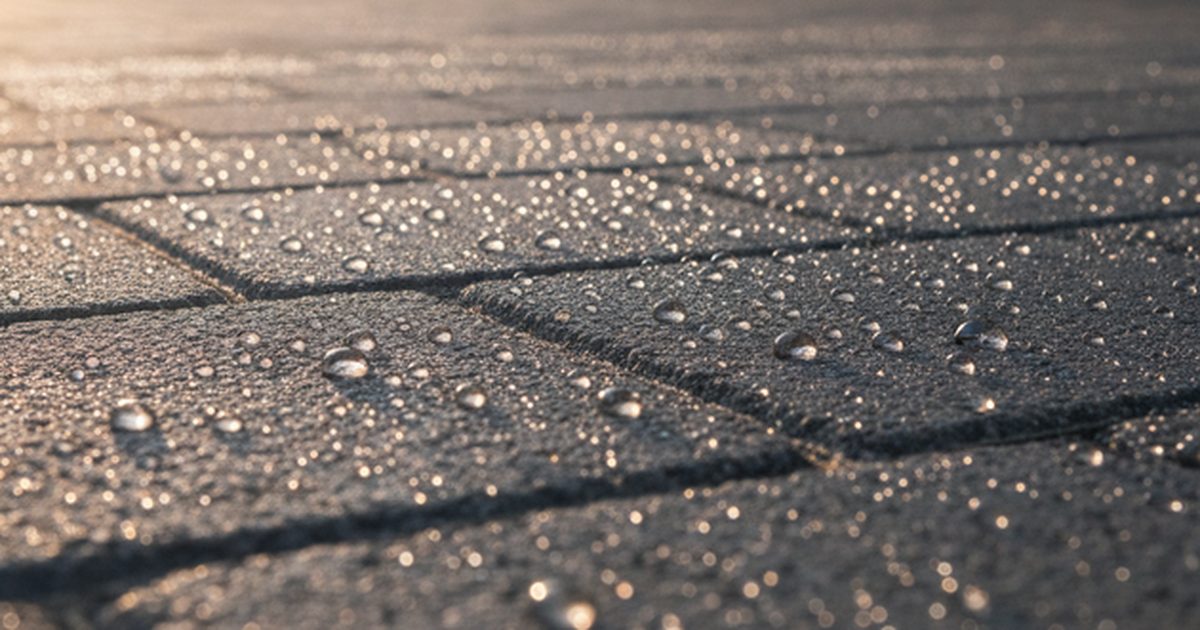 Krople wody perlące się na zaimpregnowanej kostce brukowej